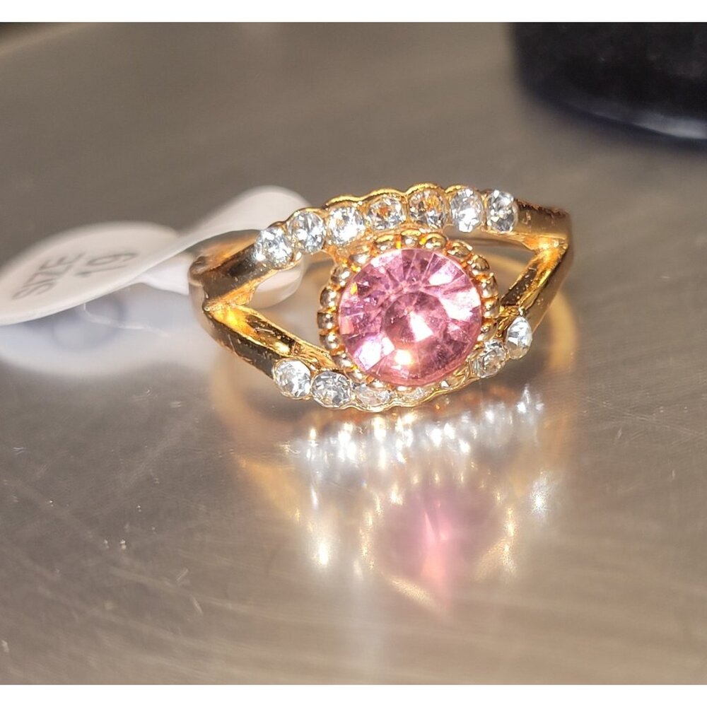 Pink Tourmaline Fashion Ring Diamond Gemstones Gold Tone Size 9.5
